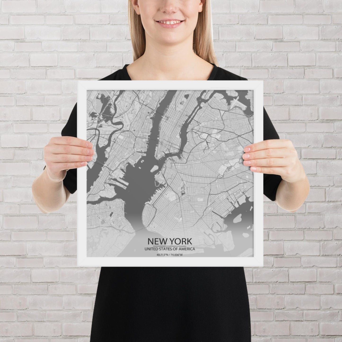 New York Light Grey Framed Map