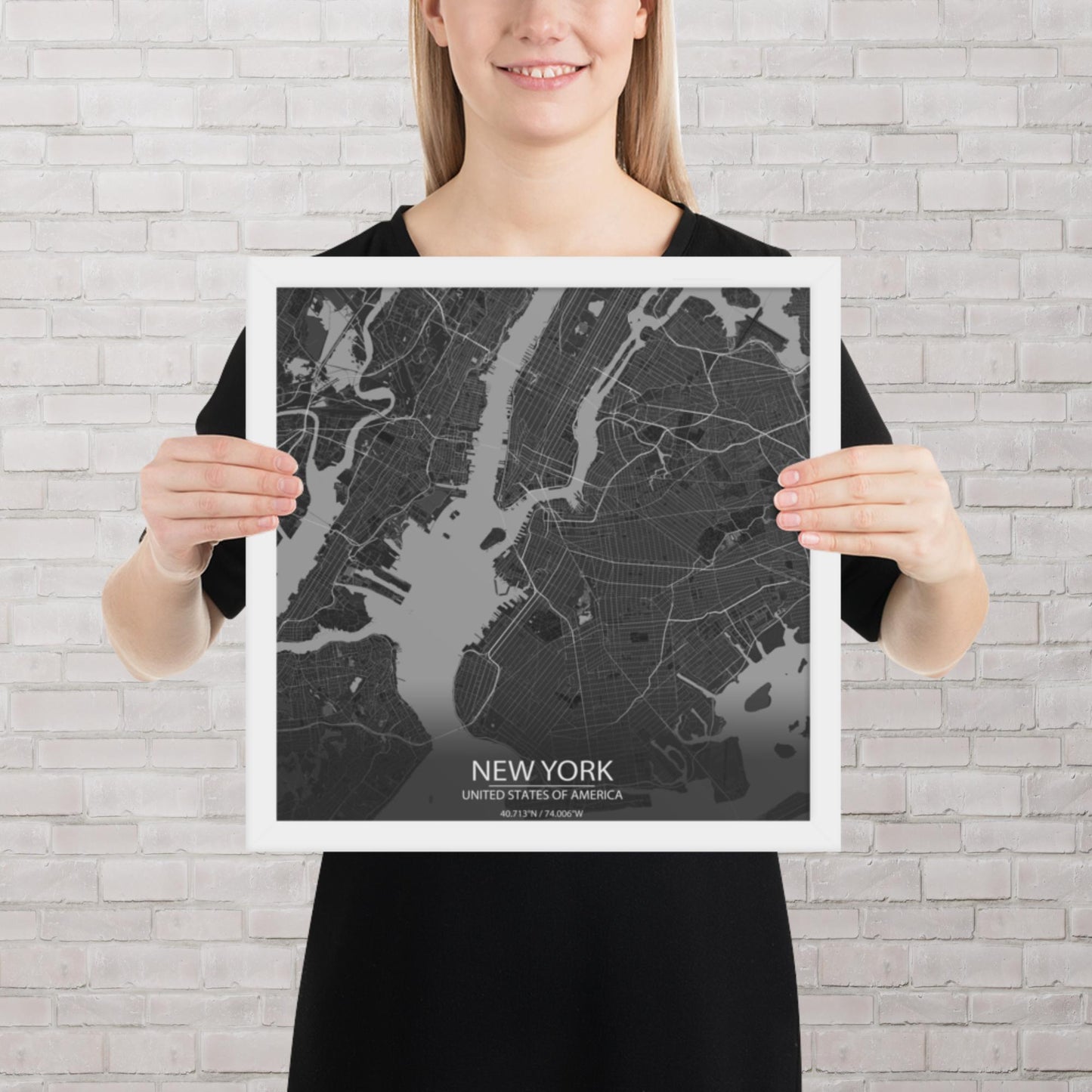 New York Dark Grey Framed Map