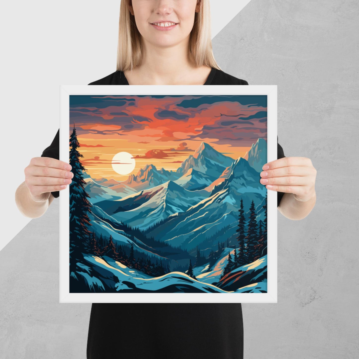 Snowy Mountain Sunset Framed Poster
