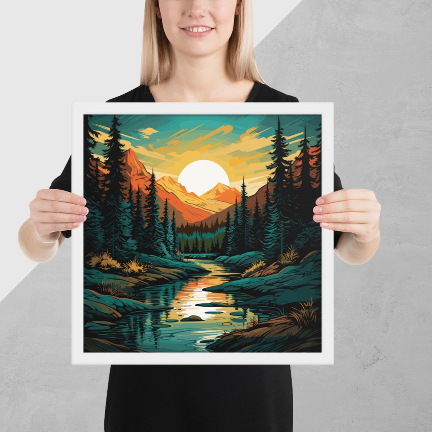 Forest Mountain River Framed Poster