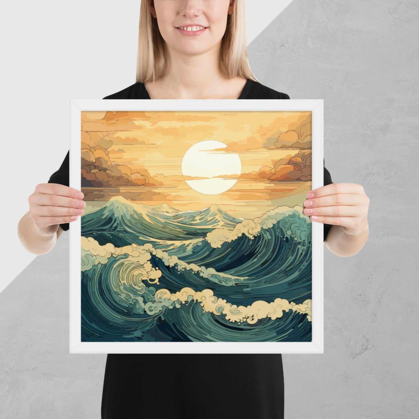 Wavy Sea Sunset Framed Poster