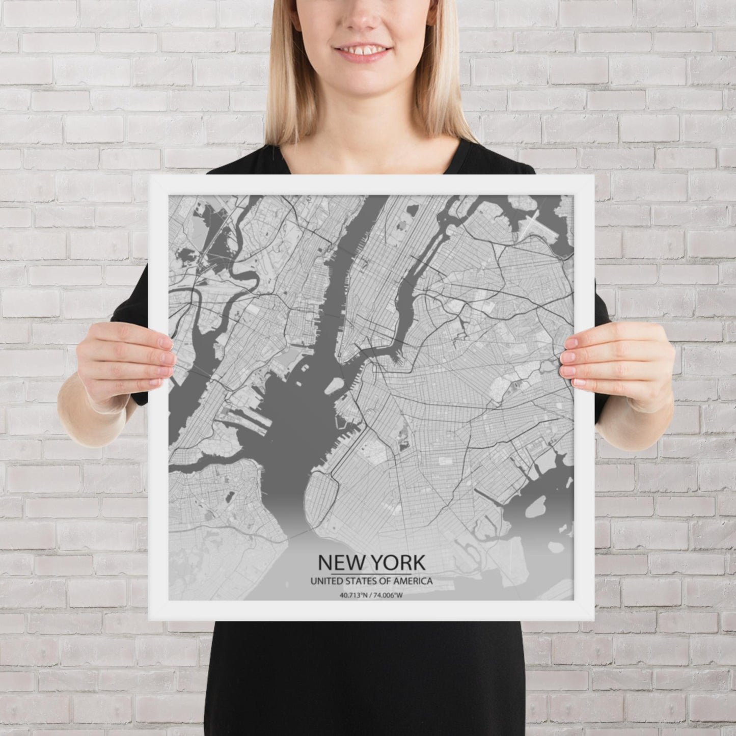 New York Light Grey Framed Map