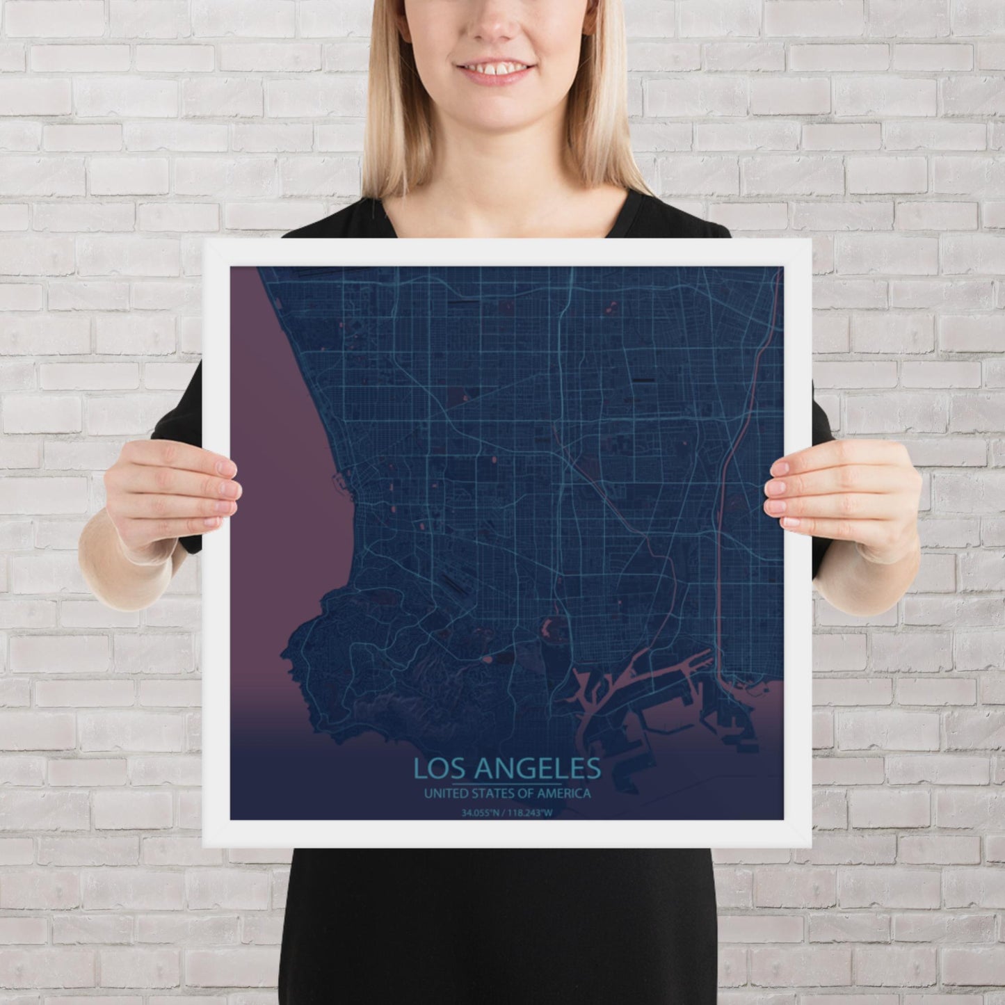 Los Angeles Blue and Purple Framed Map