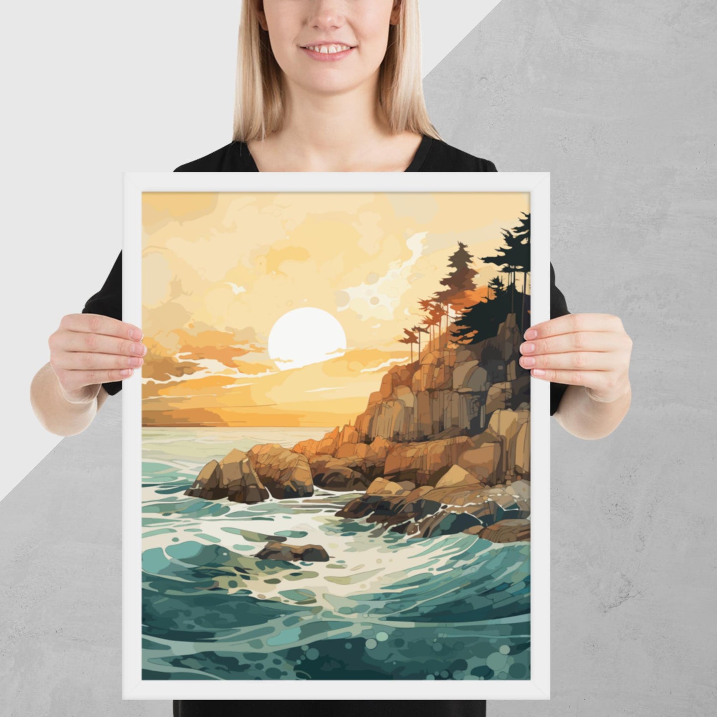 Ocean Rocks Sunset Framed Poster