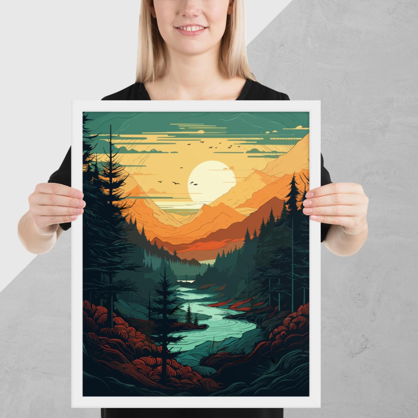 Forest River Sunset Framed Poster