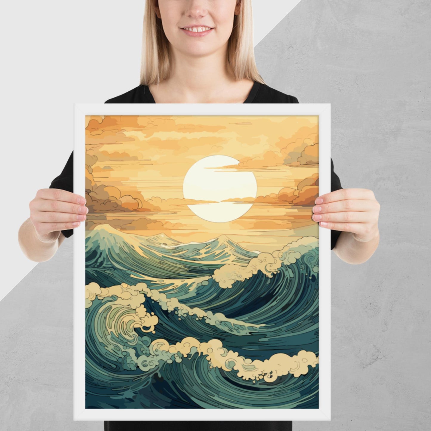 Wavy Sea Sunset Framed Poster