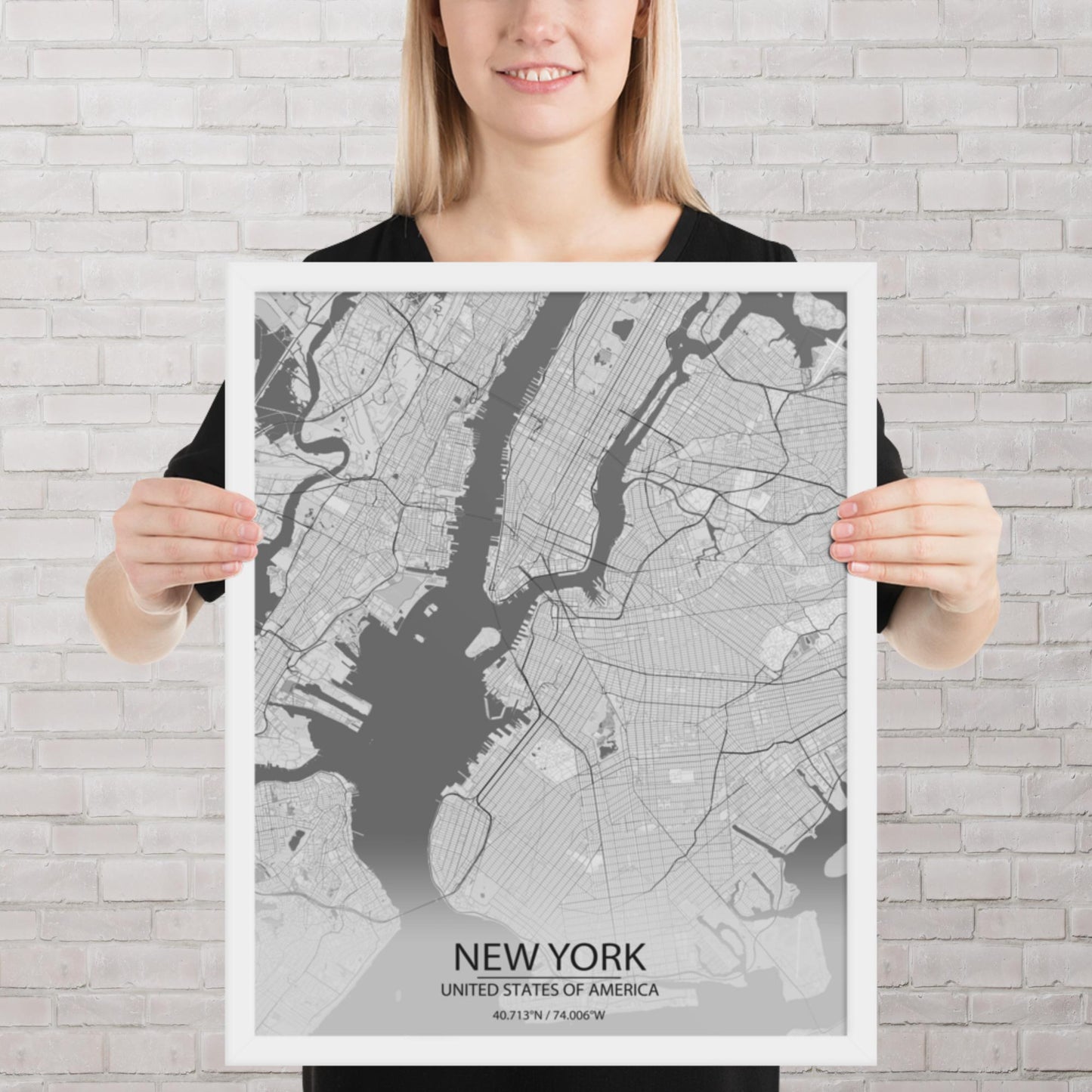 New York Light Grey Framed Map