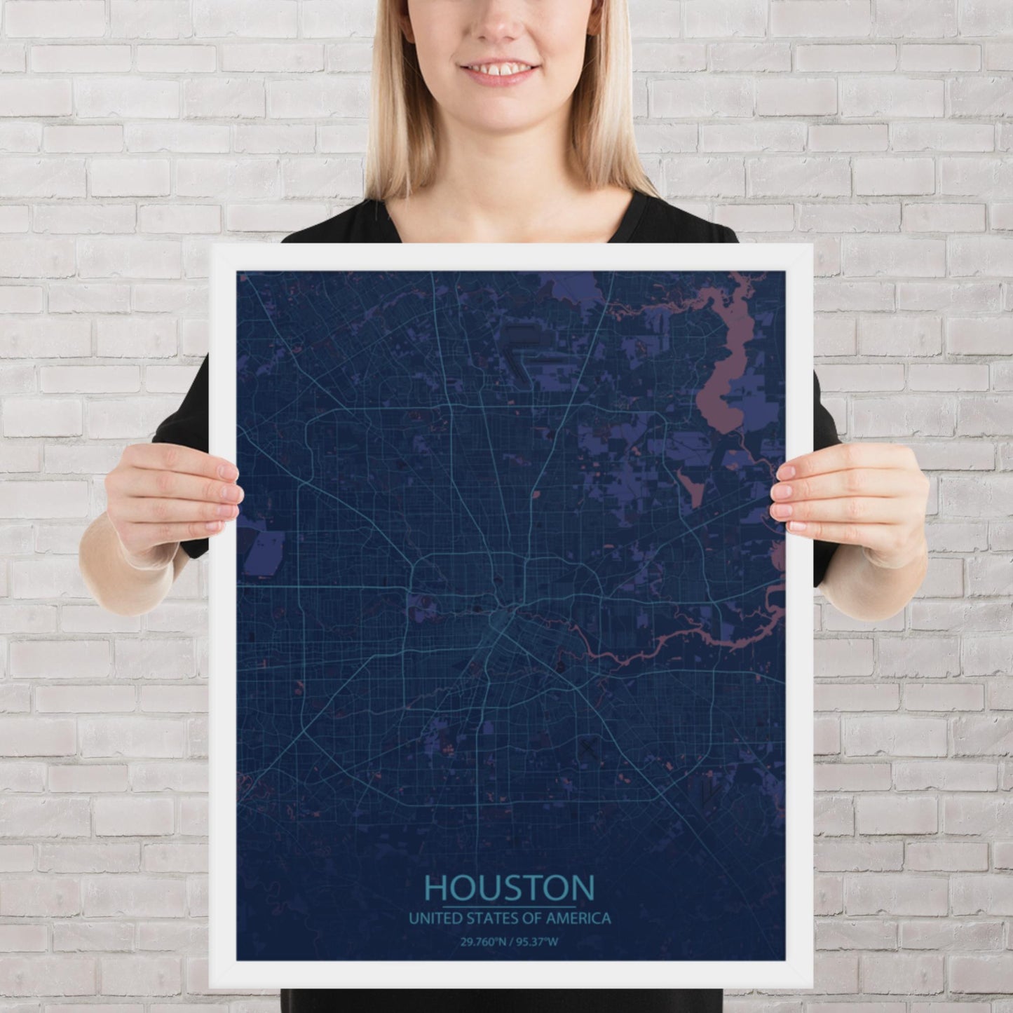 Houston Blue and Purple Framed Map