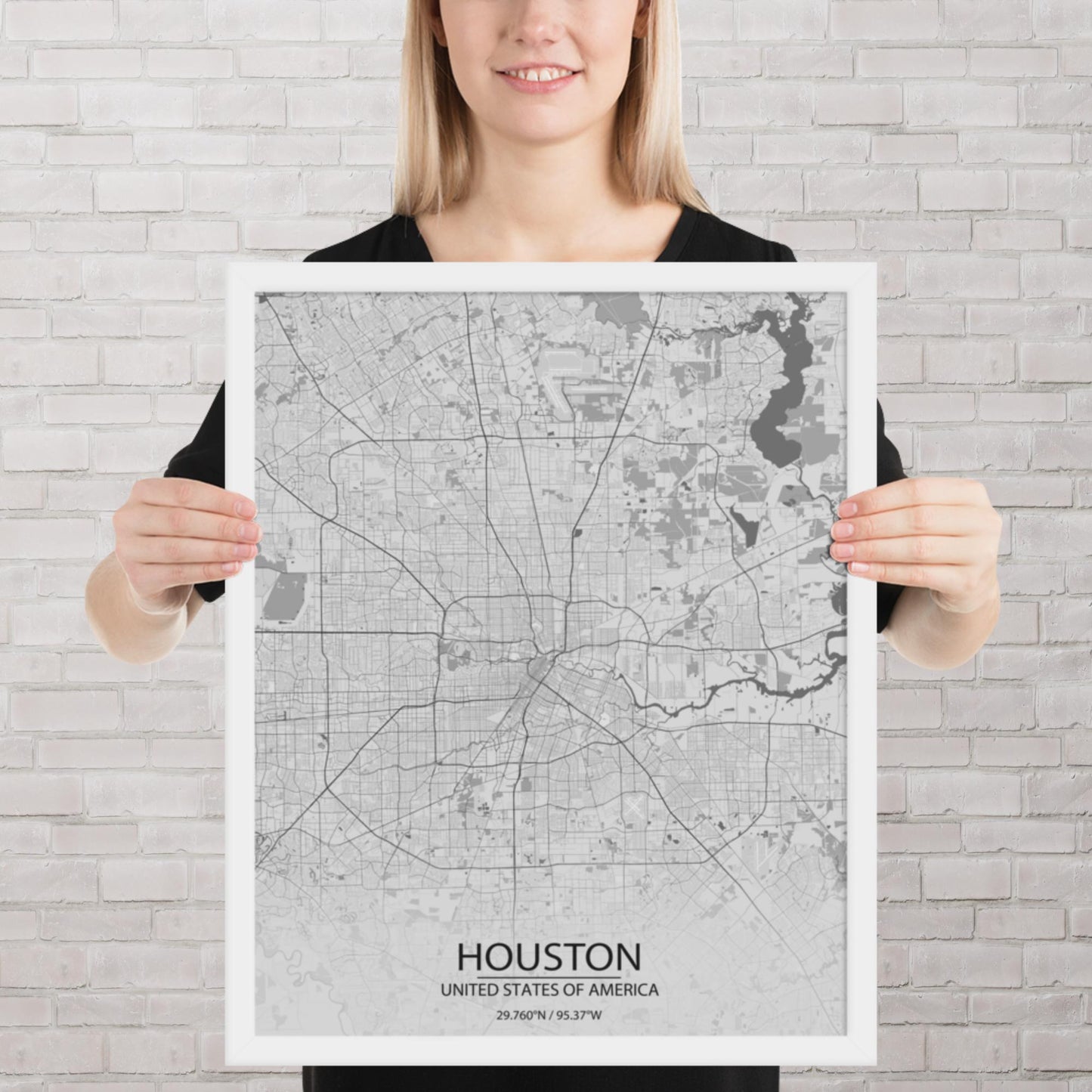 Houston Light Grey Framed Map