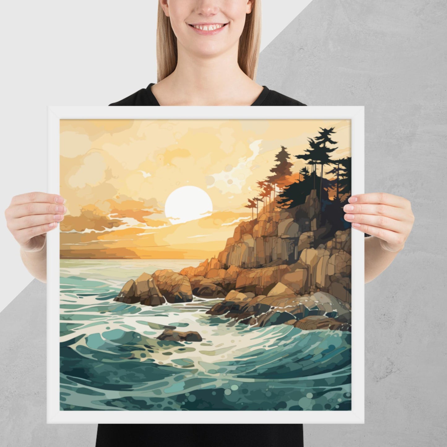 Ocean Rocks Sunset Framed Poster