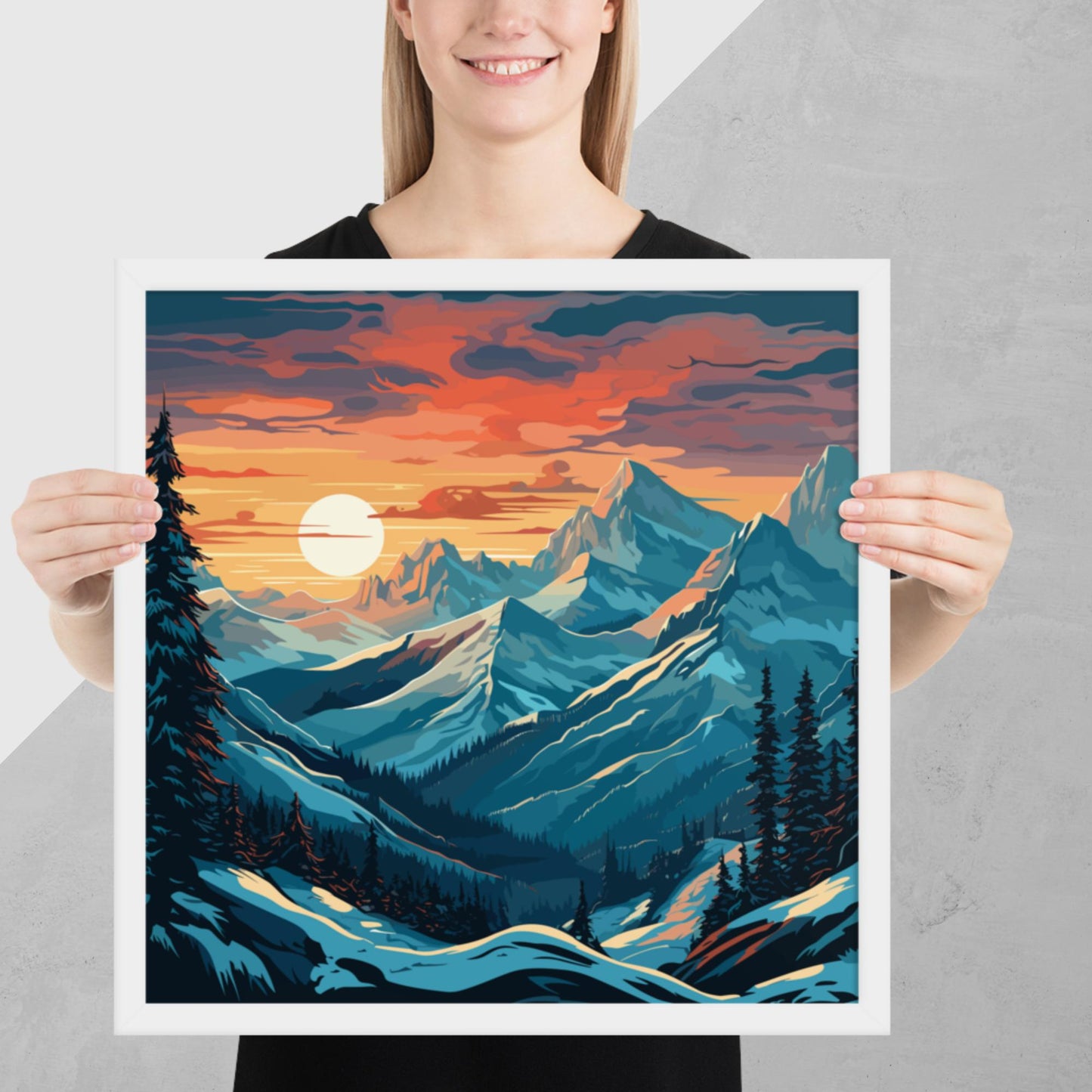 Snowy Mountain Sunset Framed Poster