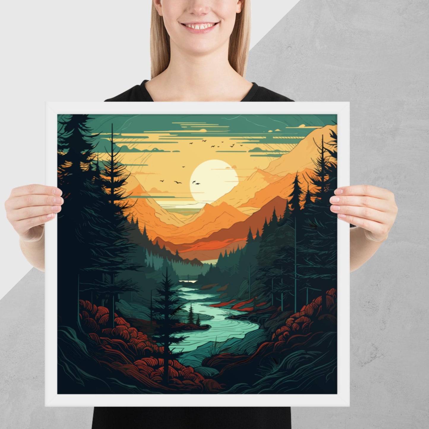 Forest River Sunset Framed Poster