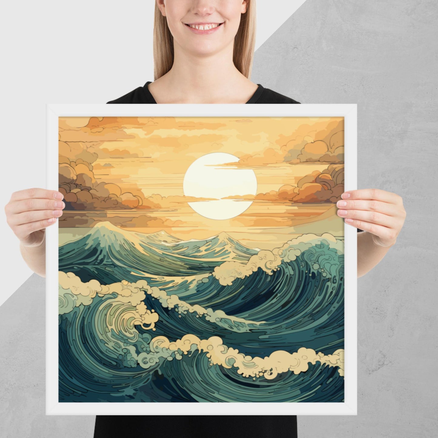 Wavy Sea Sunset Framed Poster