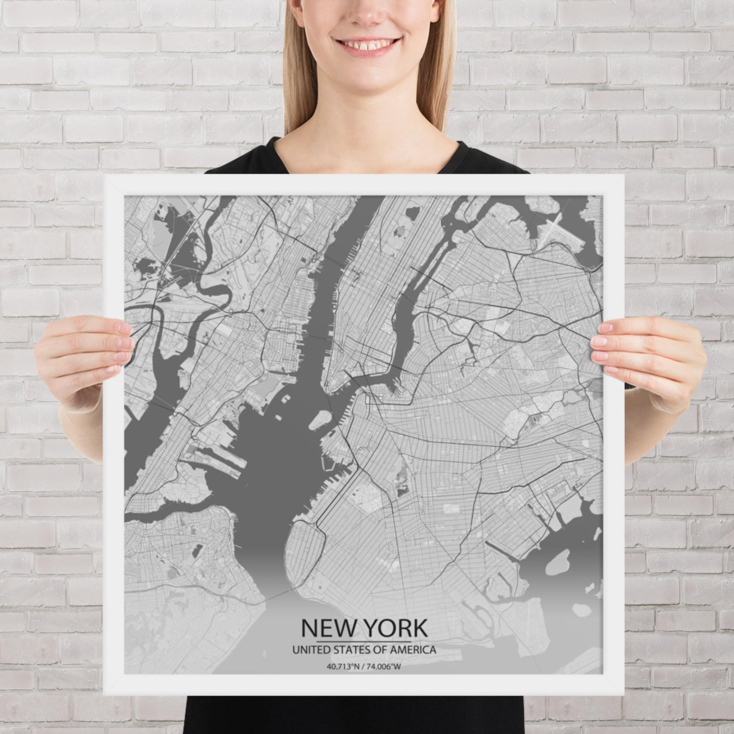 New York Light Grey Framed Map