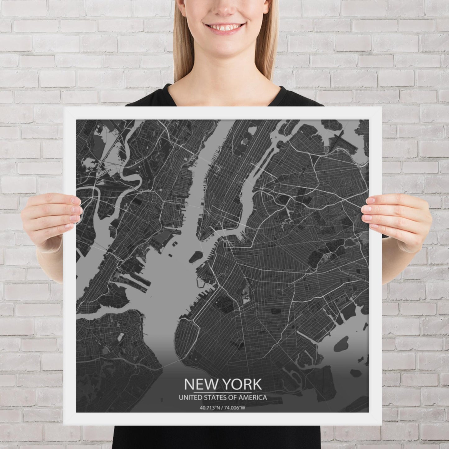 New York Dark Grey Framed Map