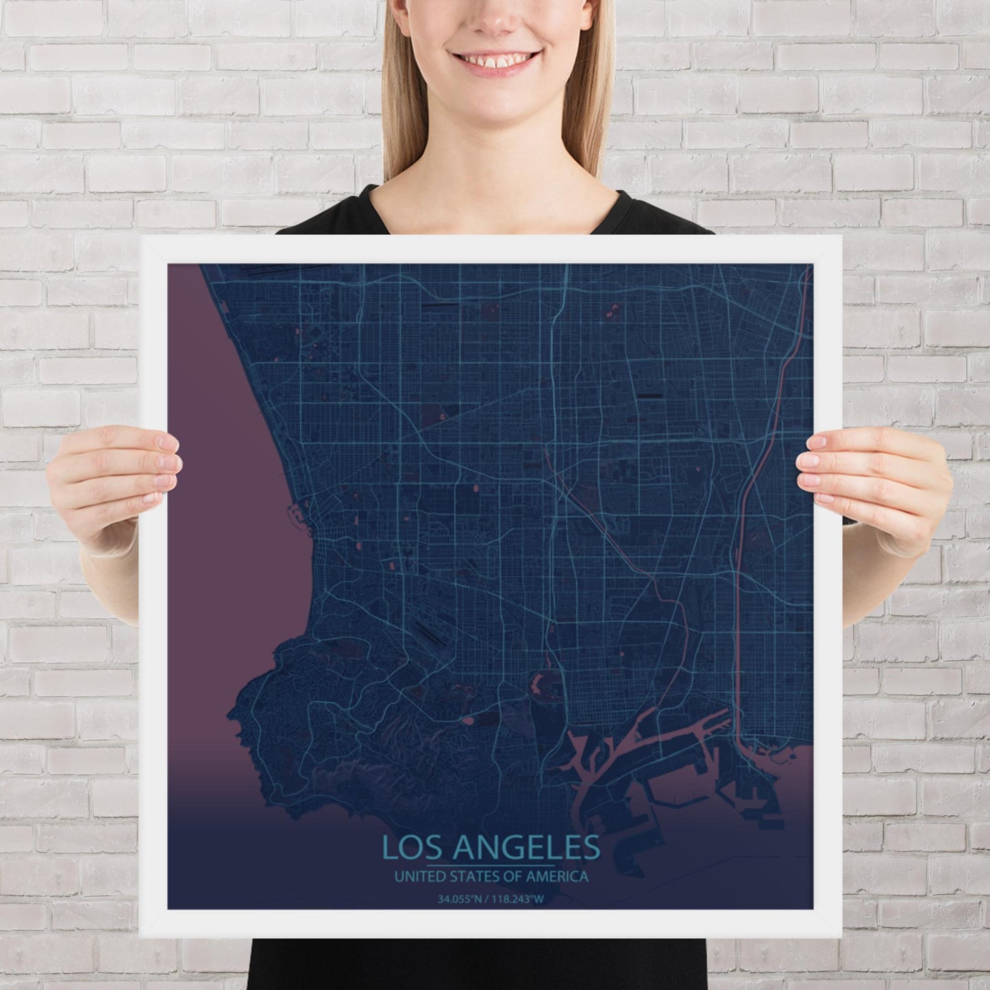 Los Angeles Blue and Purple Framed Map