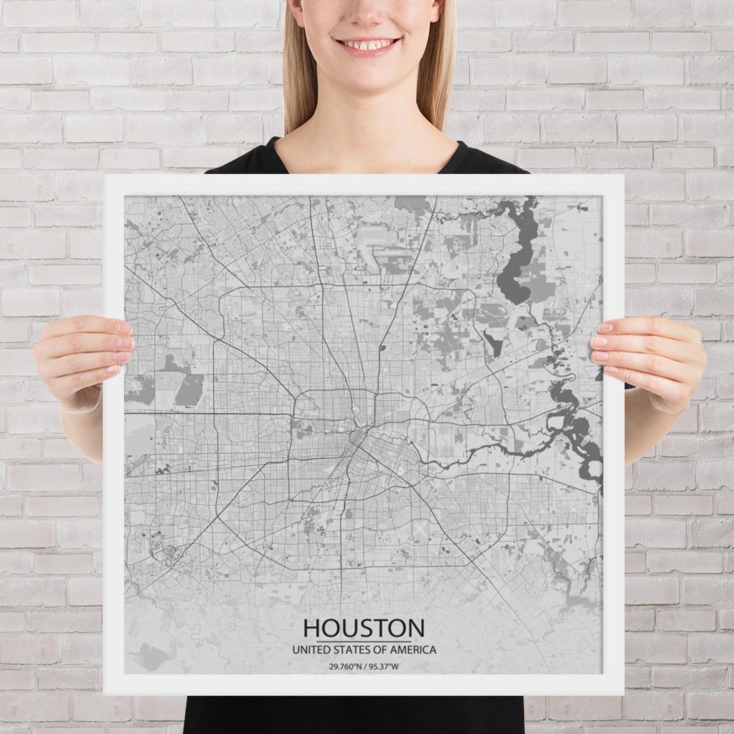 Houston Light Grey Framed Map