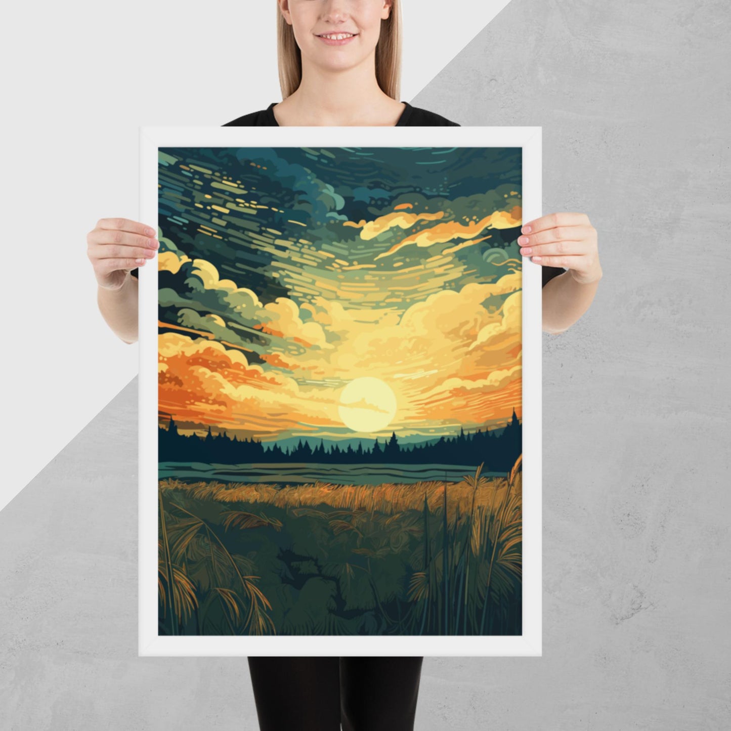 Crop Field Sunset Framed Poster