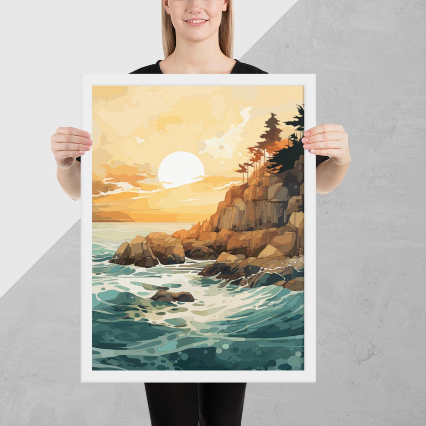 Ocean Rocks Sunset Framed Poster