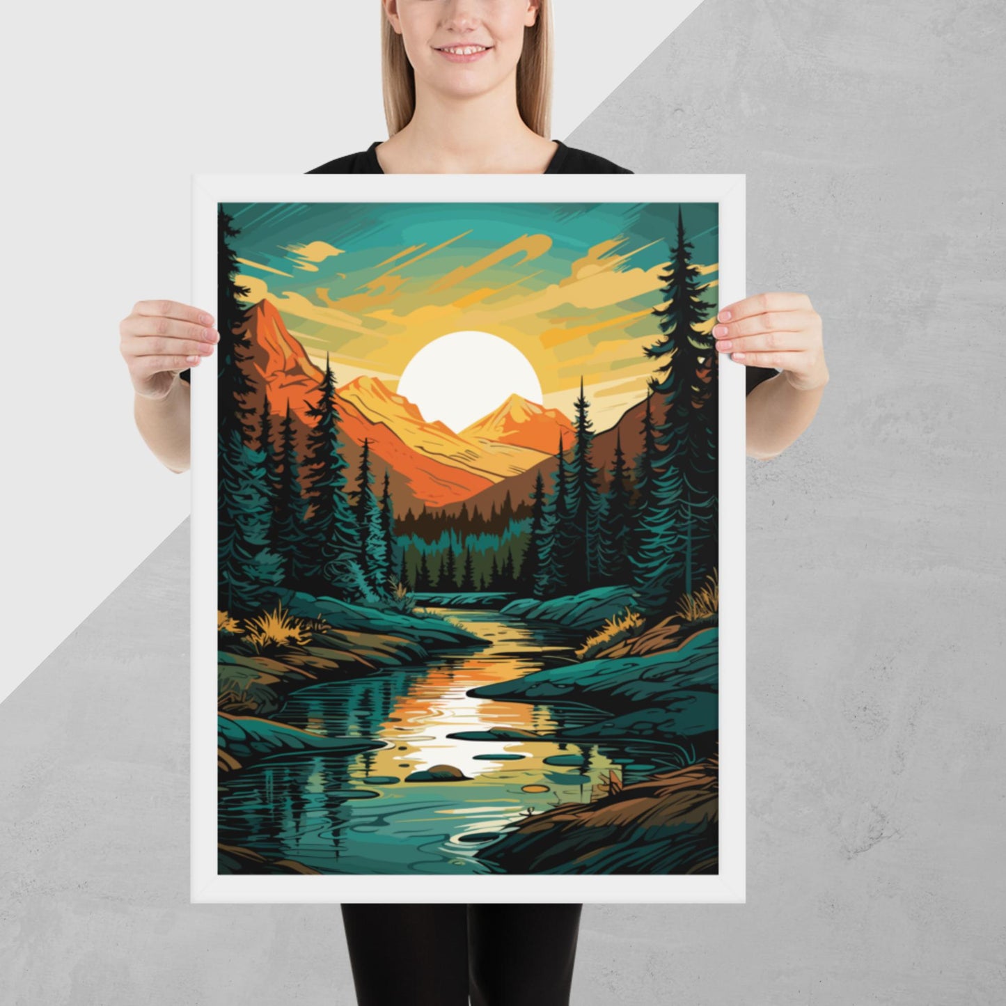 Forest Mountain River Framed Poster