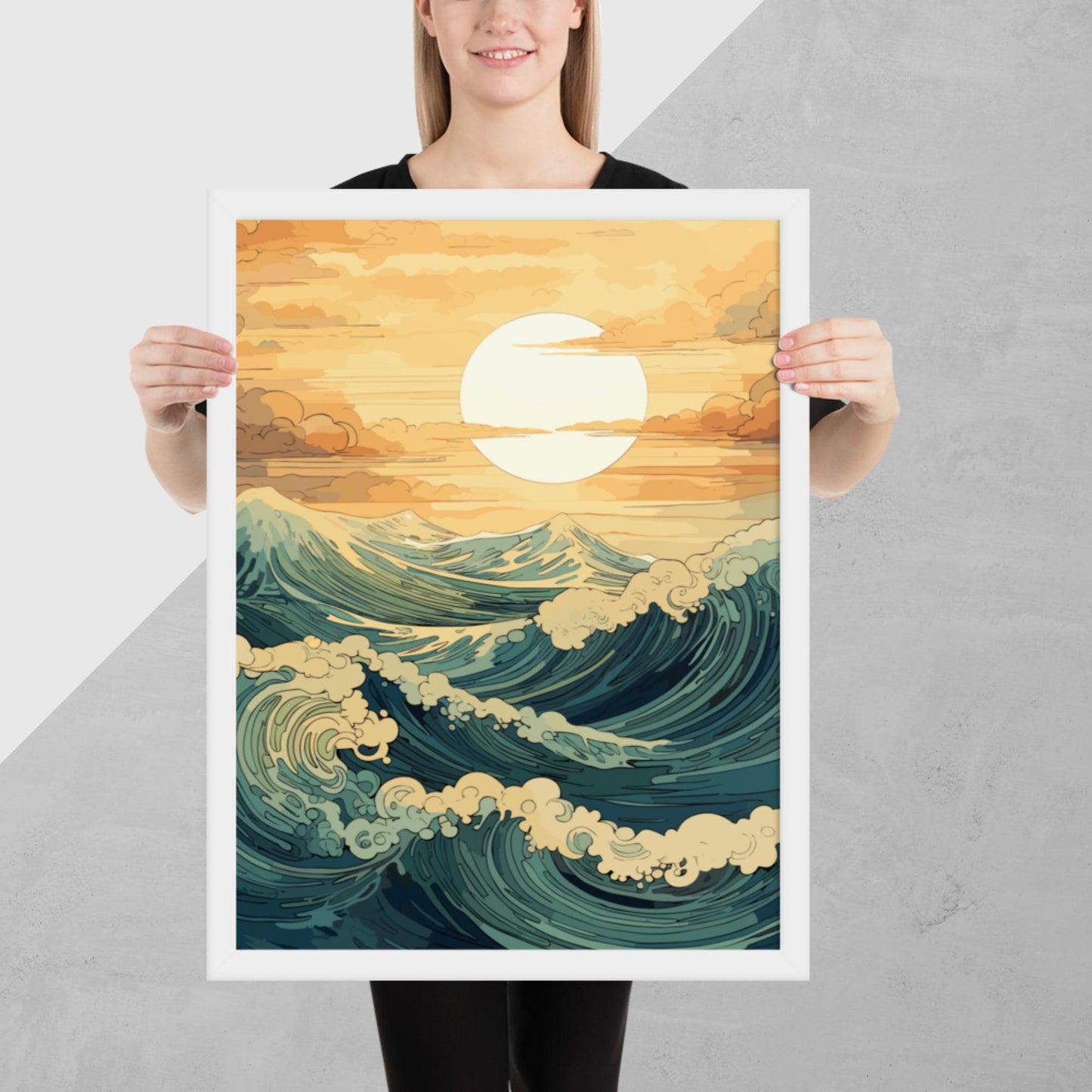 Wavy Sea Sunset Framed Poster