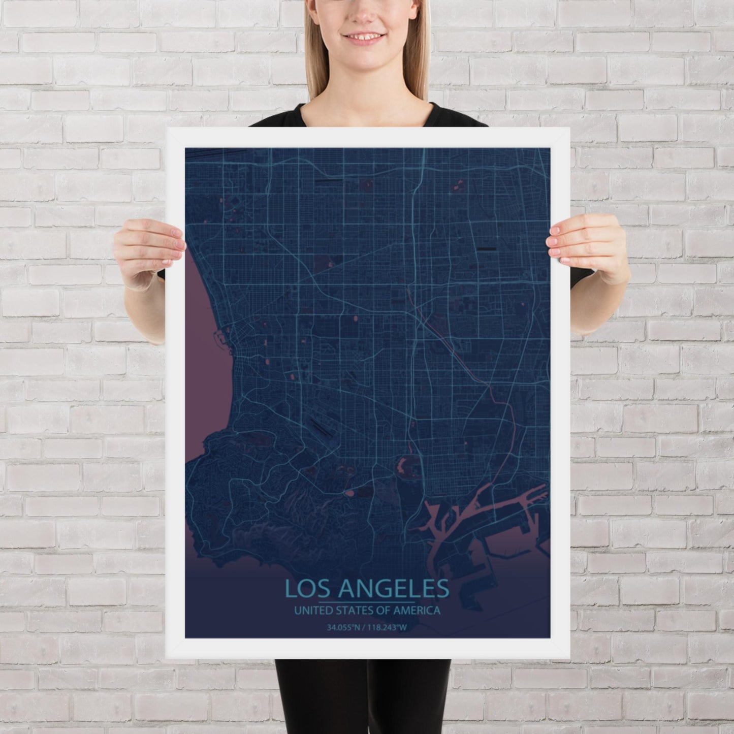 Los Angeles Blue and Purple Framed Map