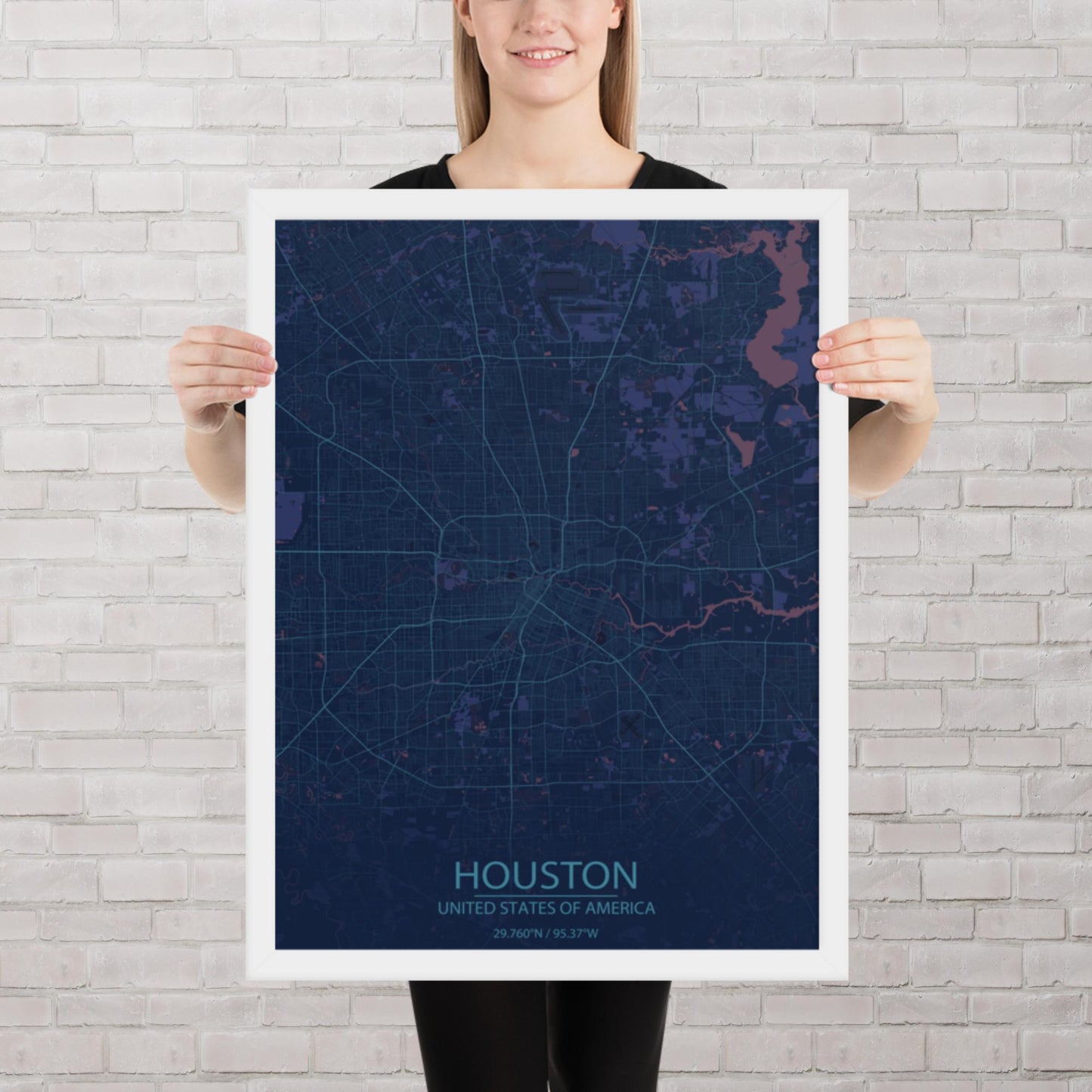 Houston Blue and Purple Framed Map