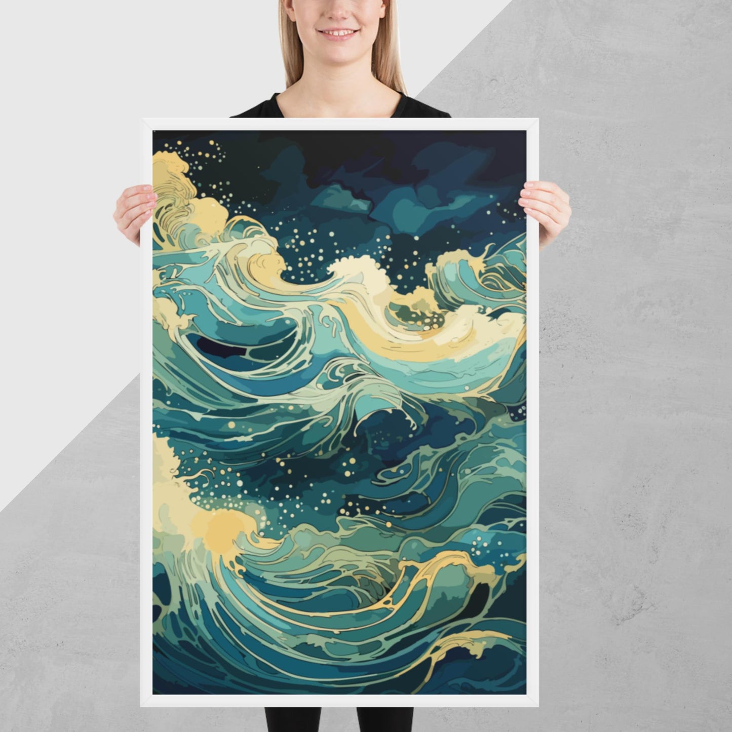 Nighttime Ocean Waves Framed Poster