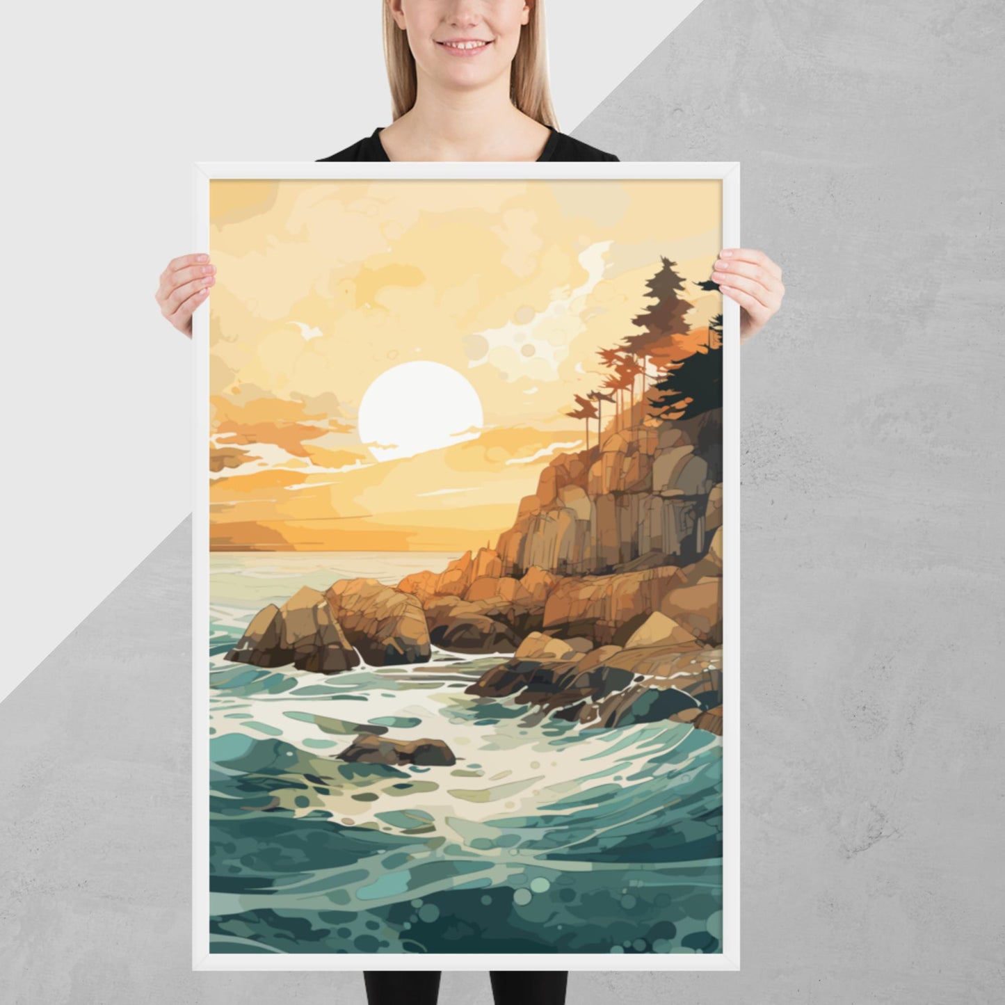 Ocean Rocks Sunset Framed Poster