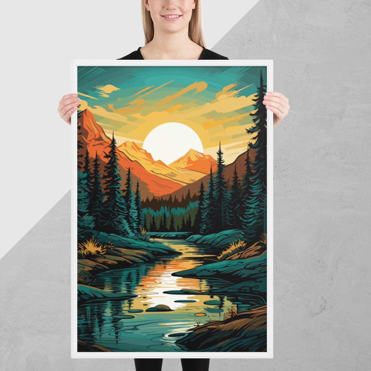 Forest Mountain River Framed Poster