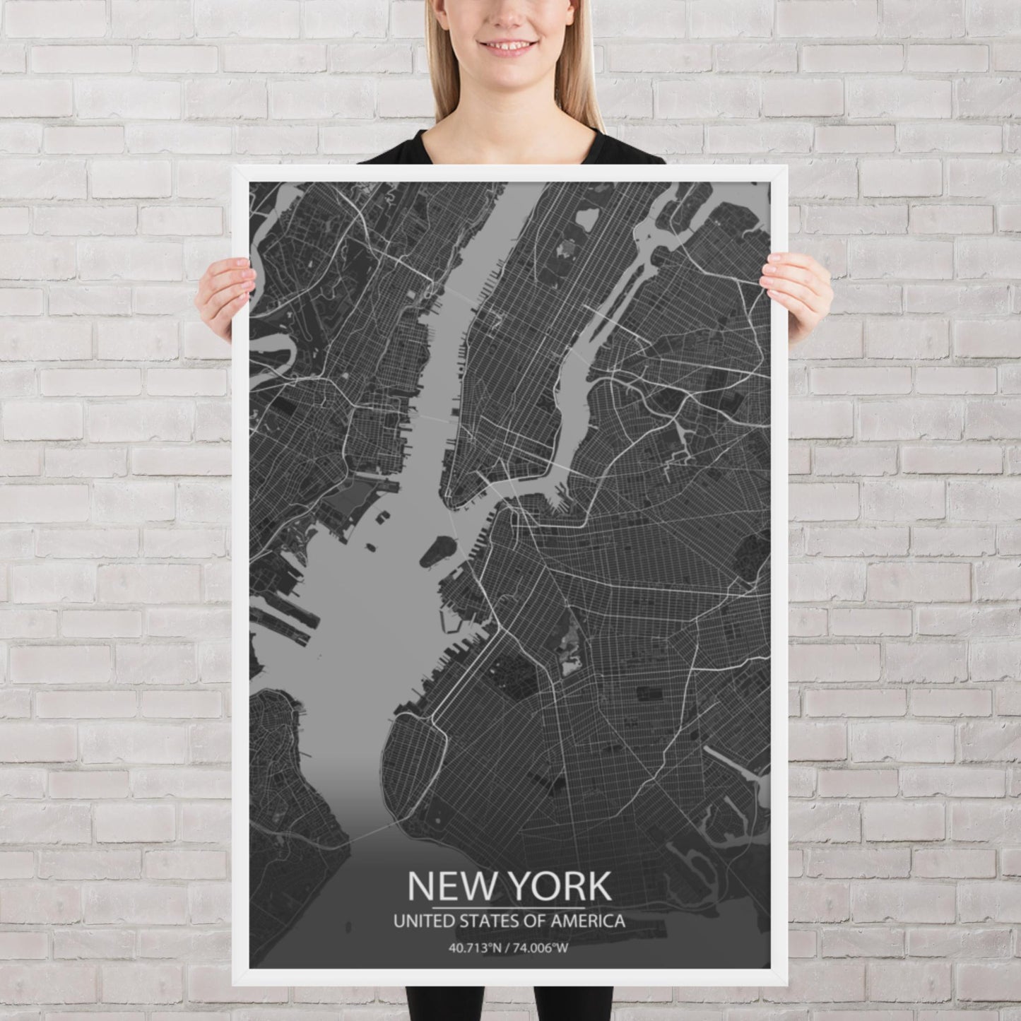 New York Dark Grey Framed Map