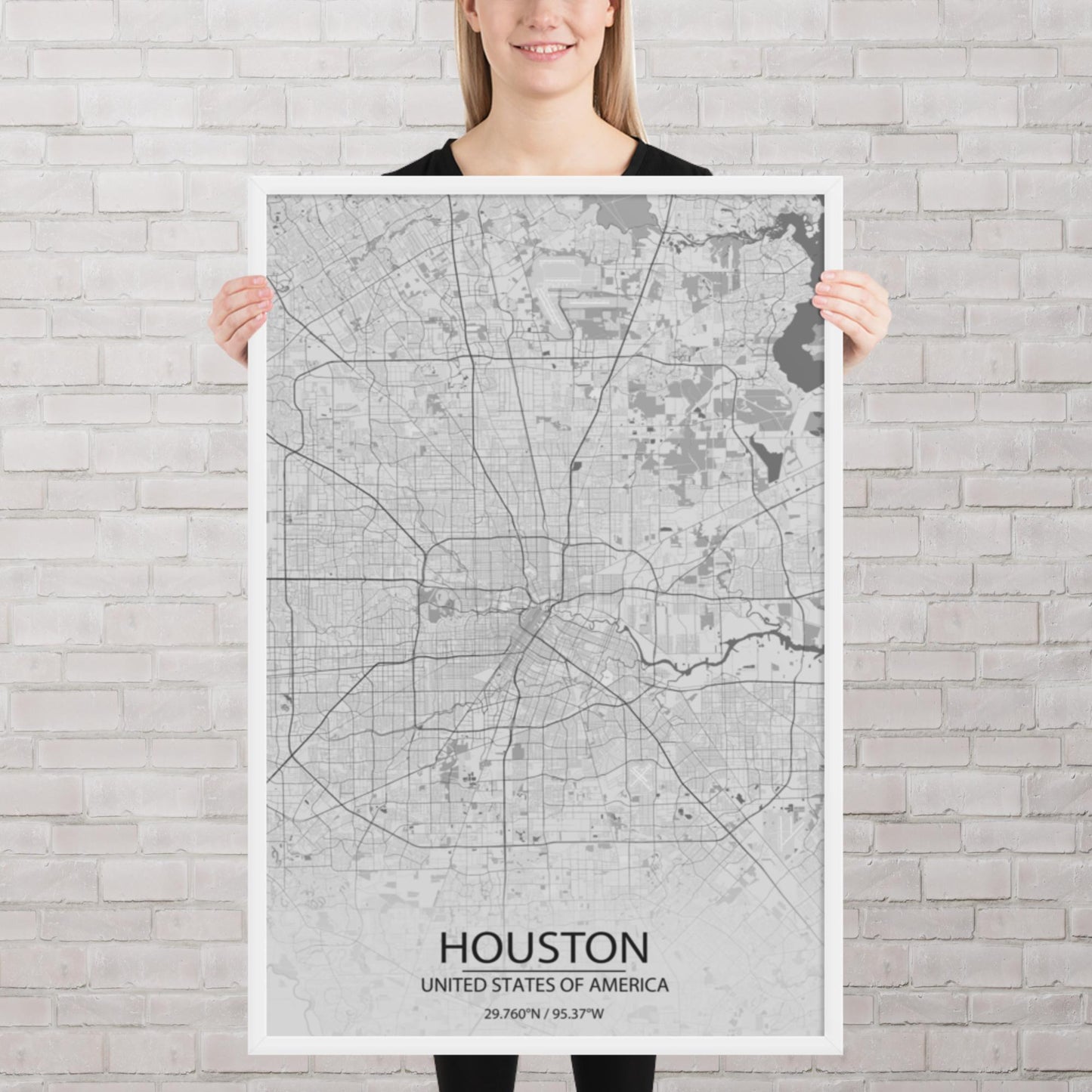 Houston Light Grey Framed Map