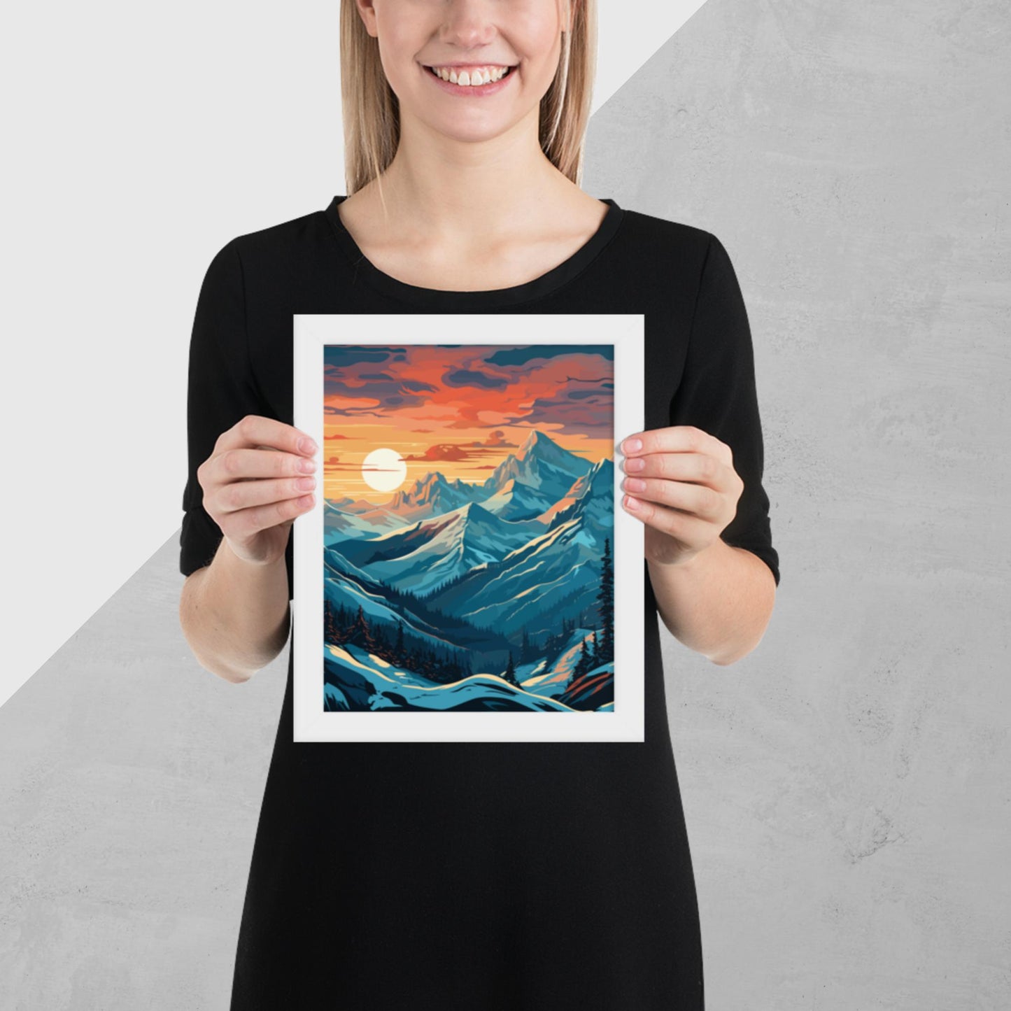 Snowy Mountain Sunset Framed Poster