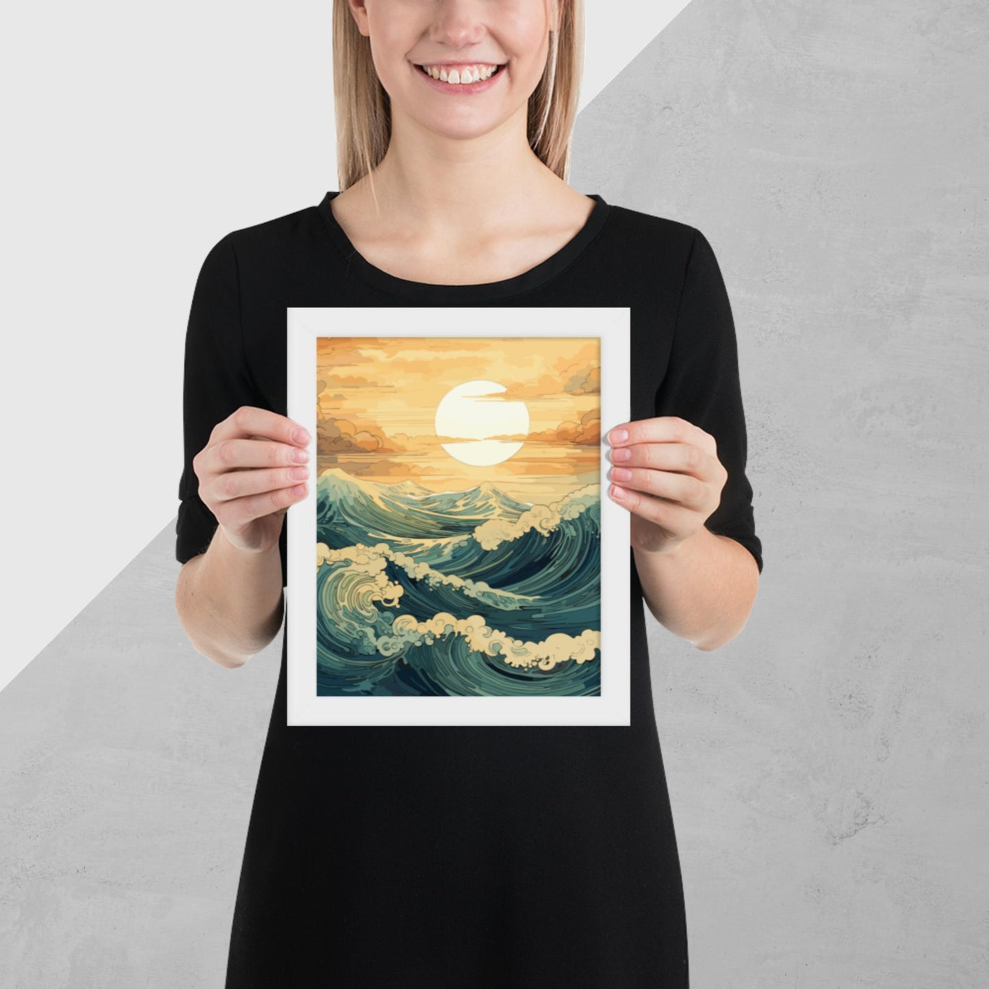 Wavy Sea Sunset Framed Poster