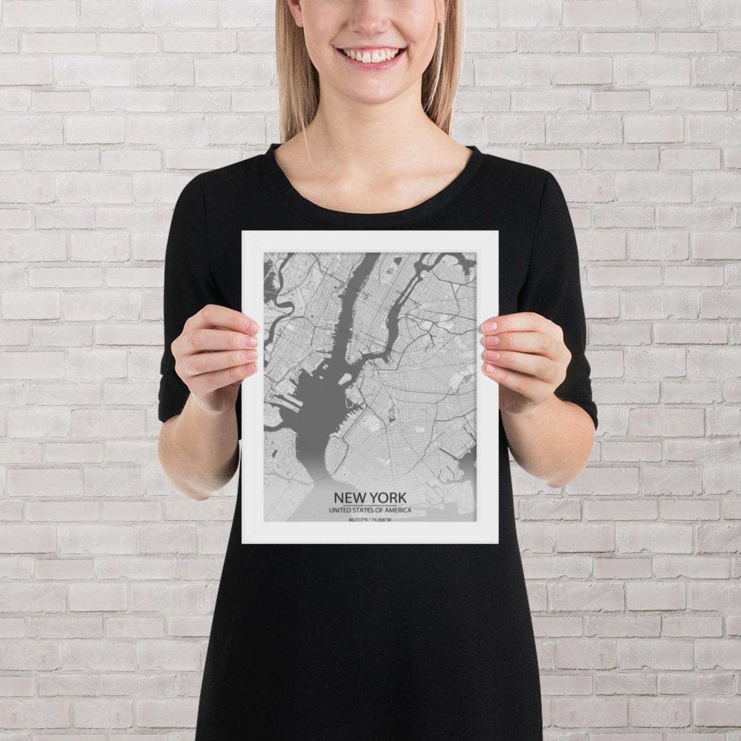 New York Light Grey Framed Map