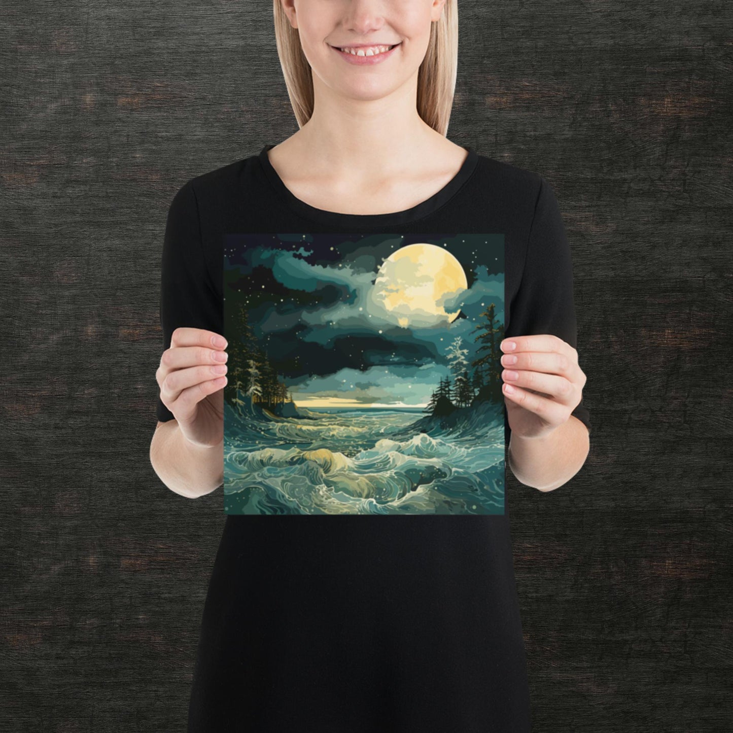 Nighttime Sea Moon Paper Poster