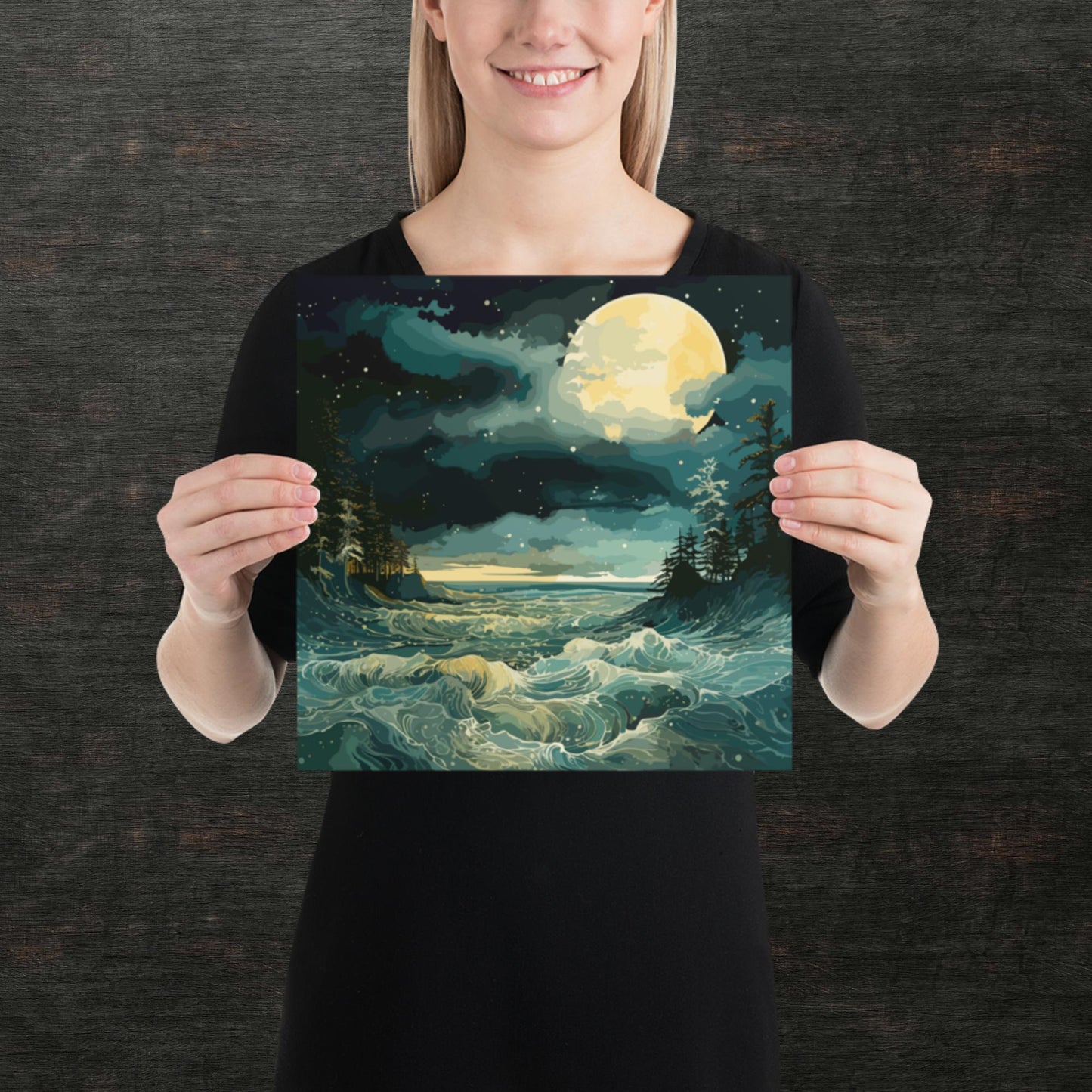 Nighttime Sea Moon Paper Poster