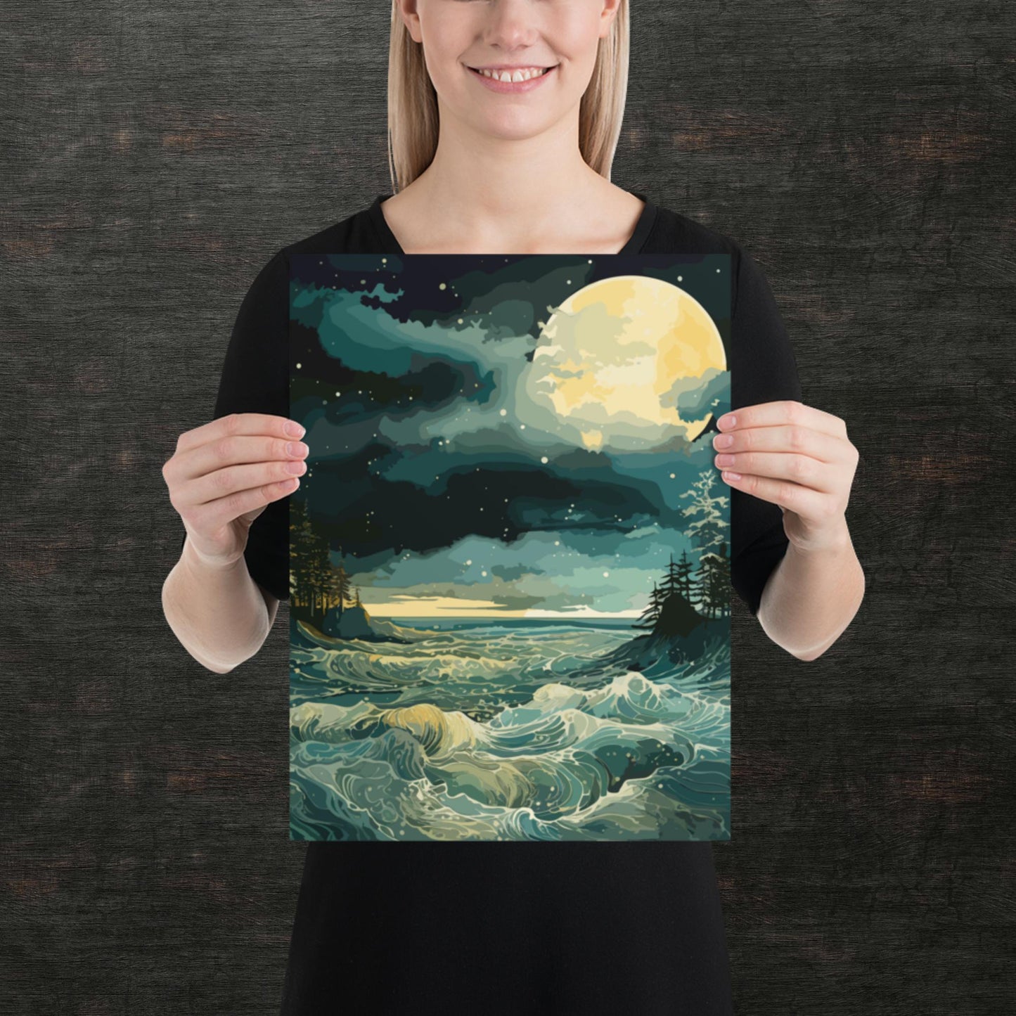 Nighttime Sea Moon Paper Poster