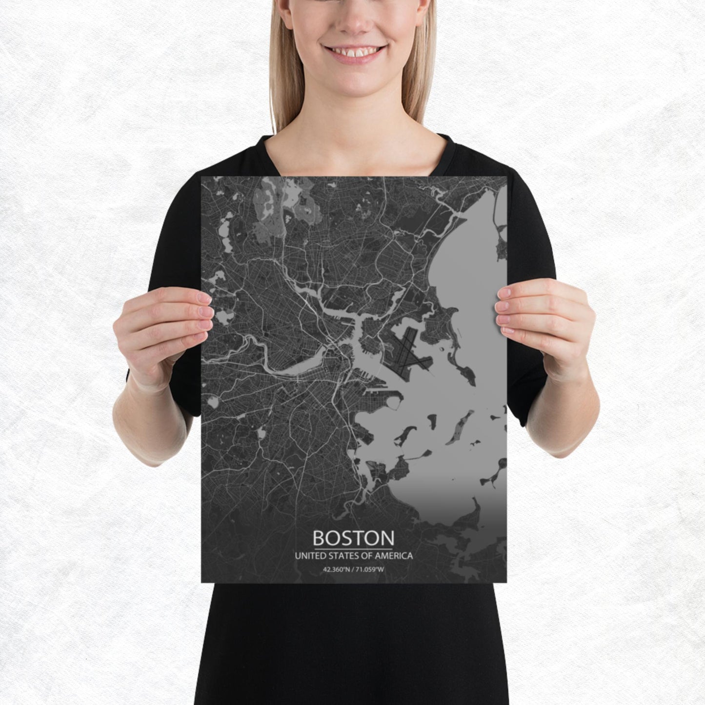 Boston Dark Grey Paper Map