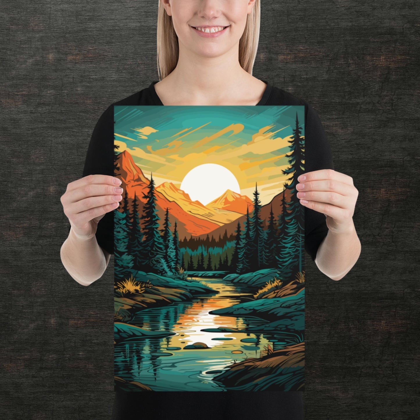 Forest Mountain River Paper Poster