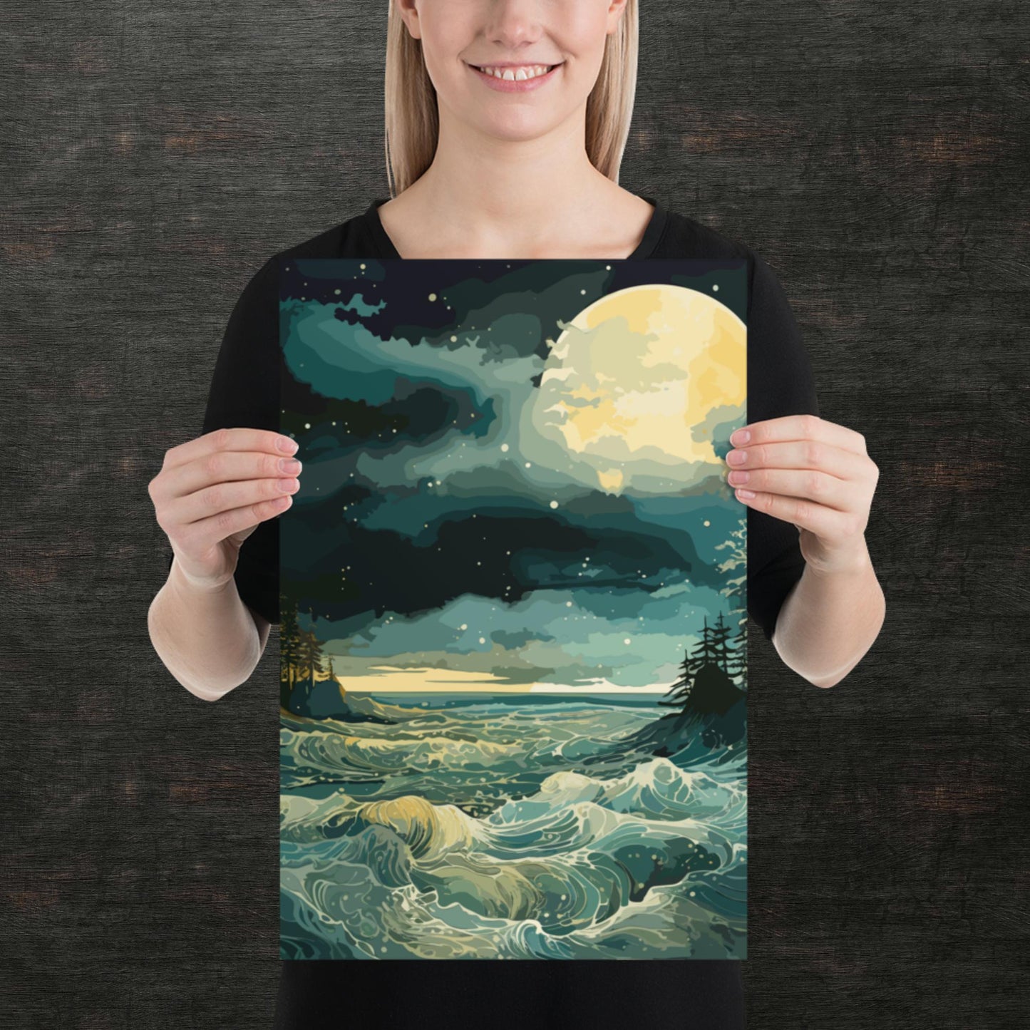Nighttime Sea Moon Paper Poster