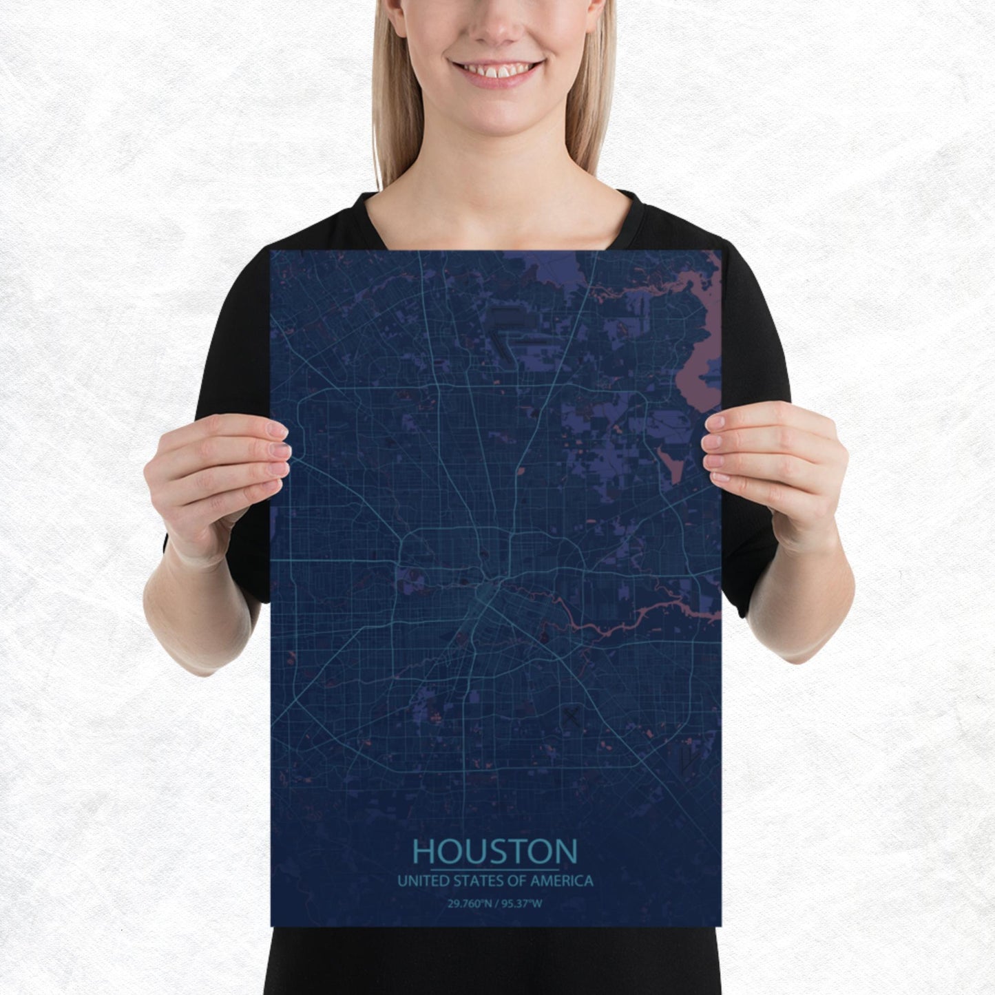 Houston Blue and Purple Paper Map