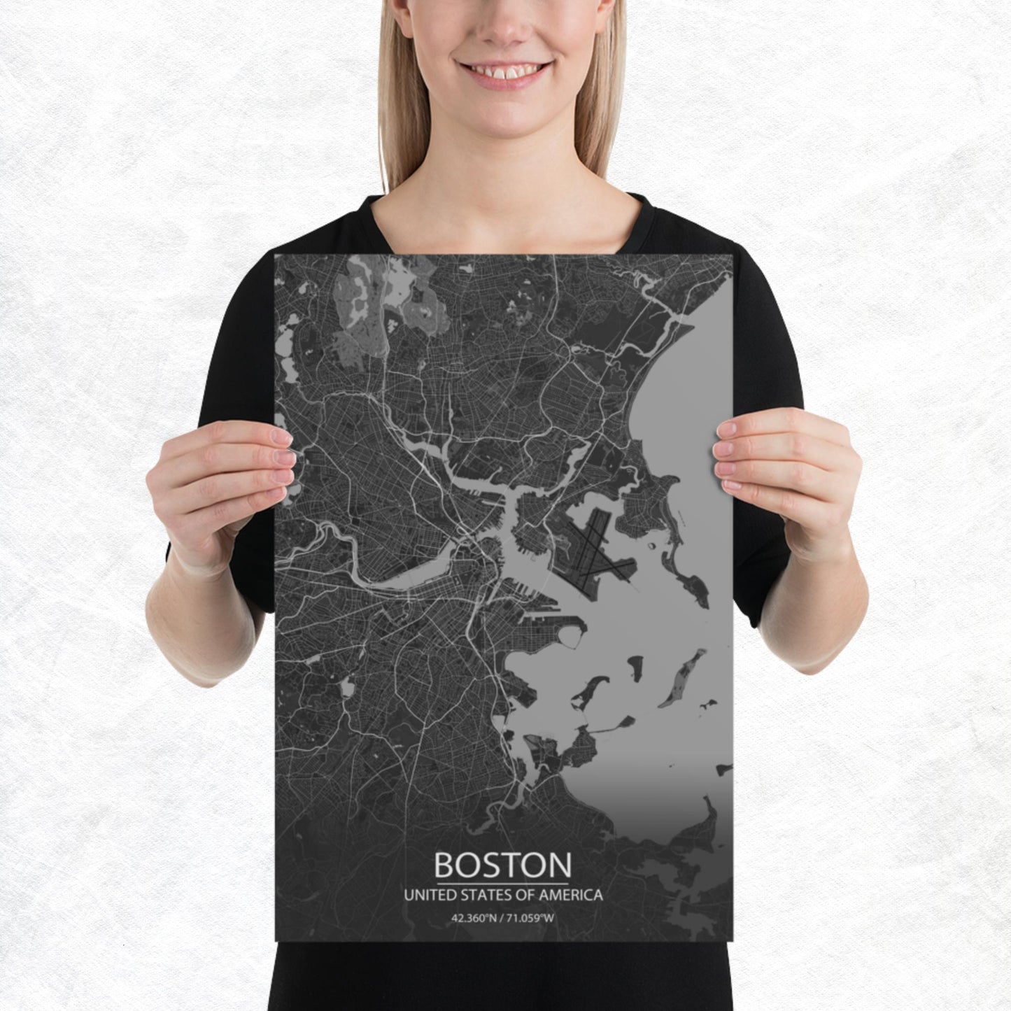 Boston Dark Grey Paper Map