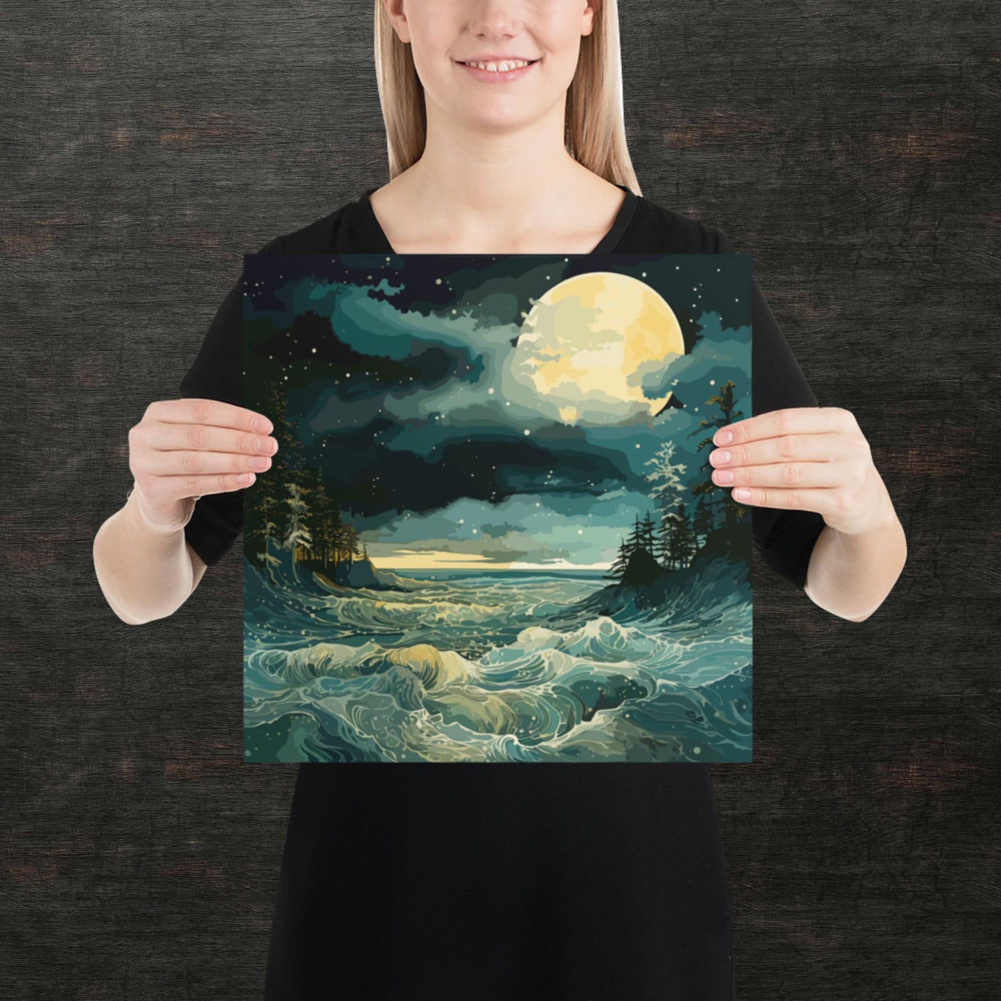 Nighttime Sea Moon Paper Poster