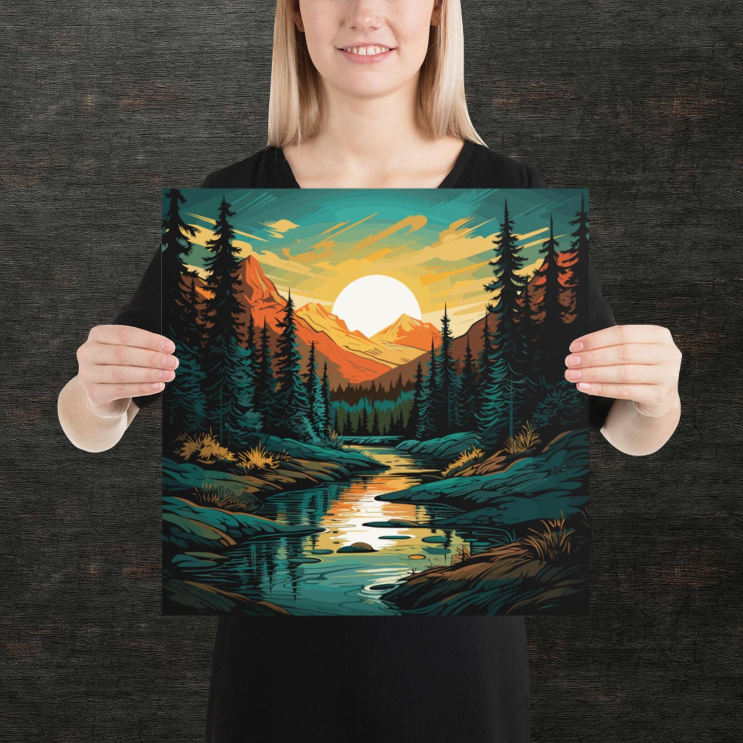 Forest Mountain River Paper Poster