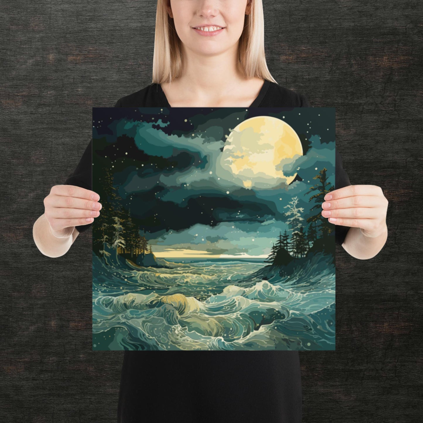 Nighttime Sea Moon Paper Poster