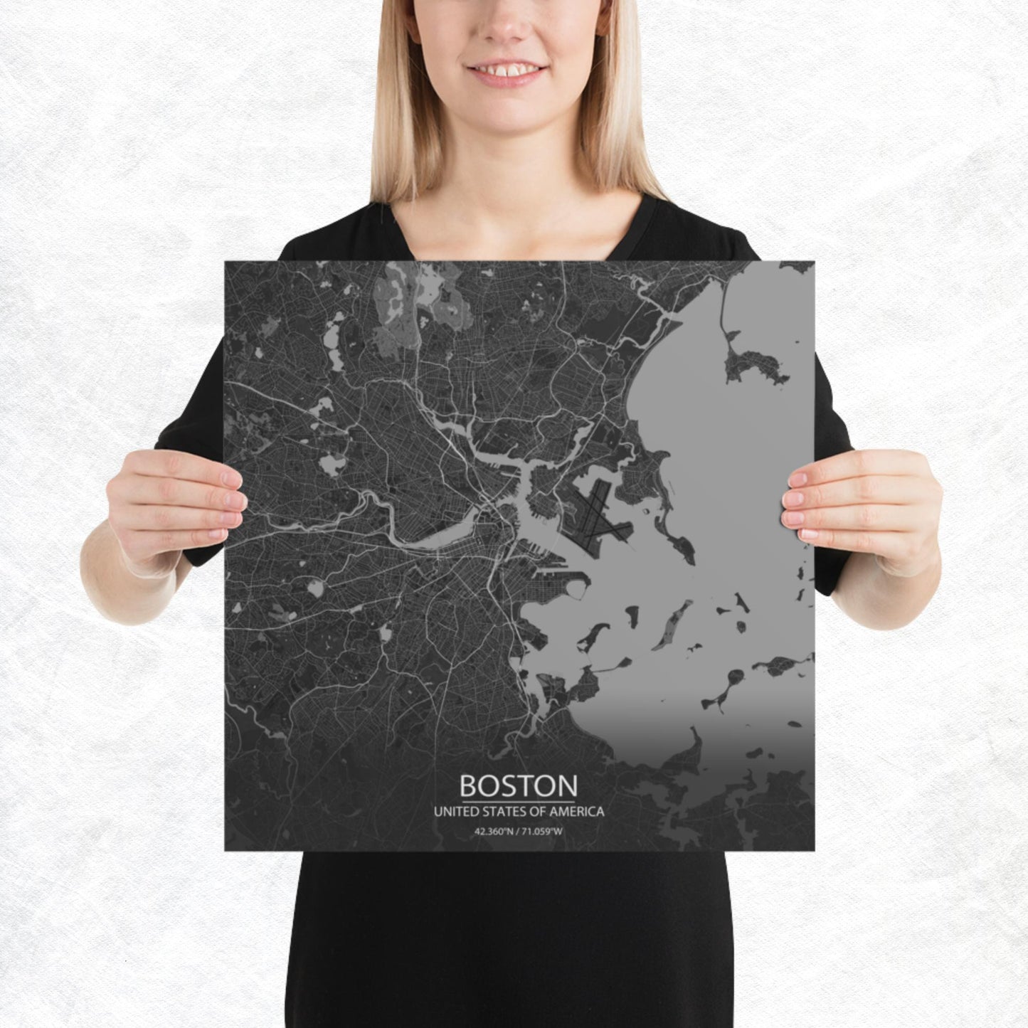 Boston Dark Grey Paper Map