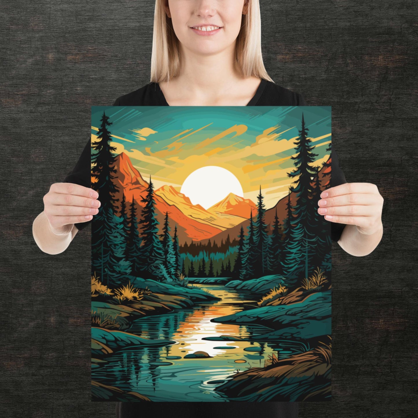 Forest Mountain River Paper Poster