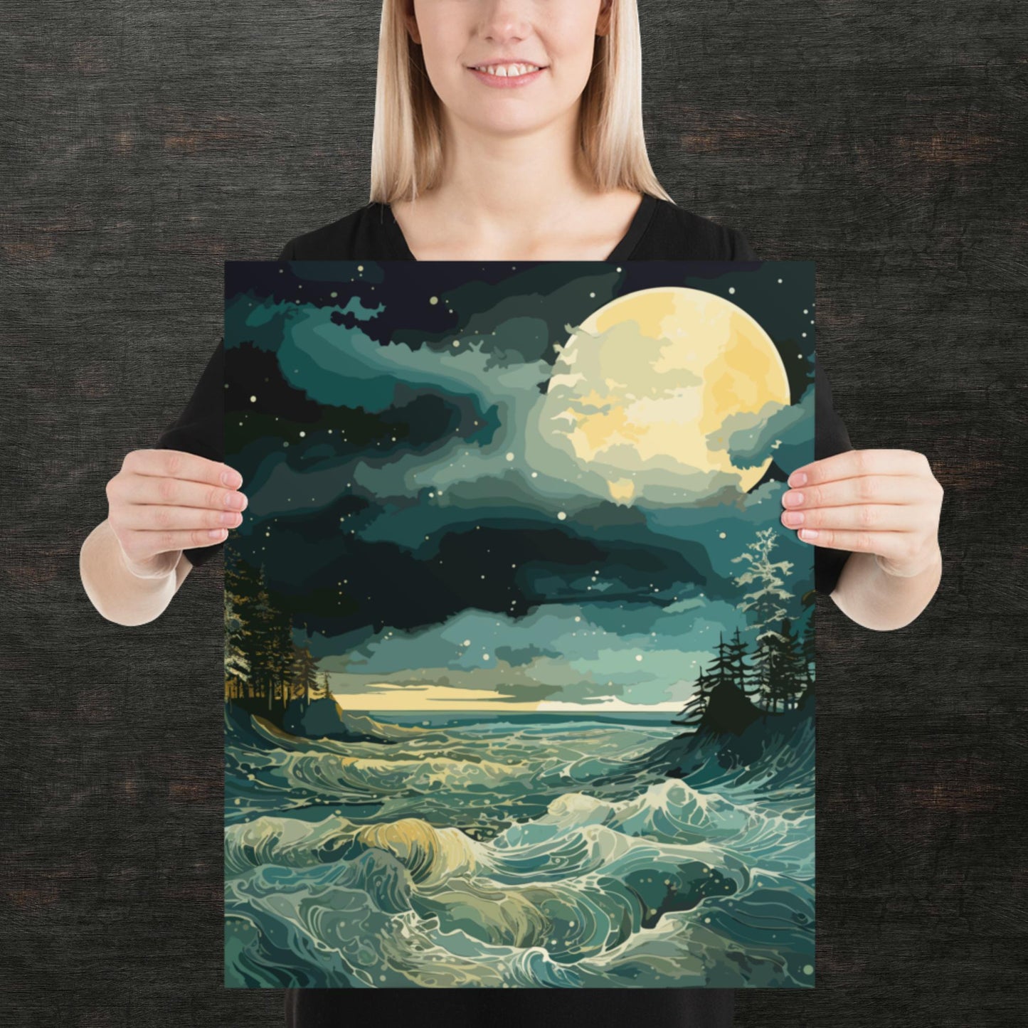 Nighttime Sea Moon Paper Poster