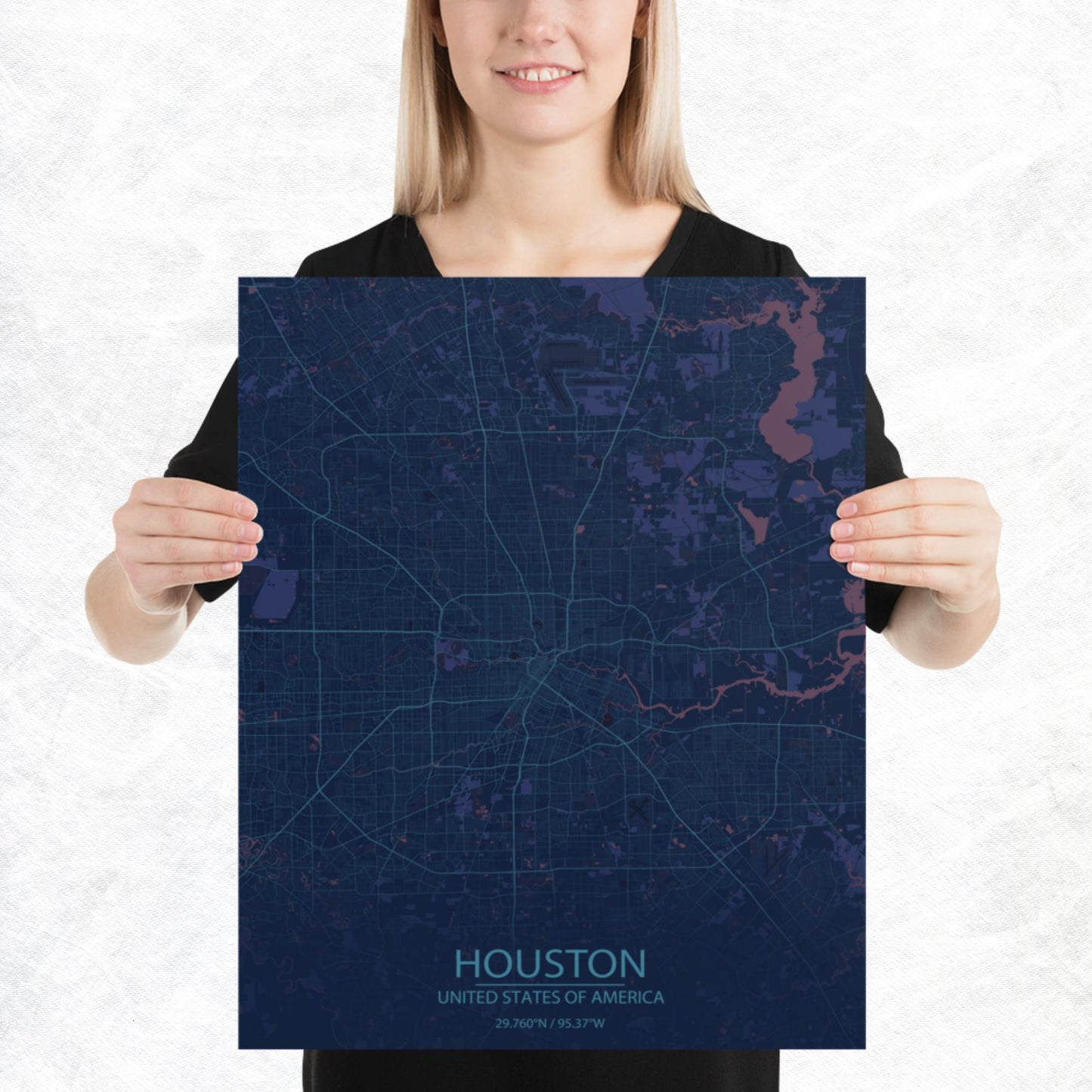 Houston Blue and Purple Paper Map